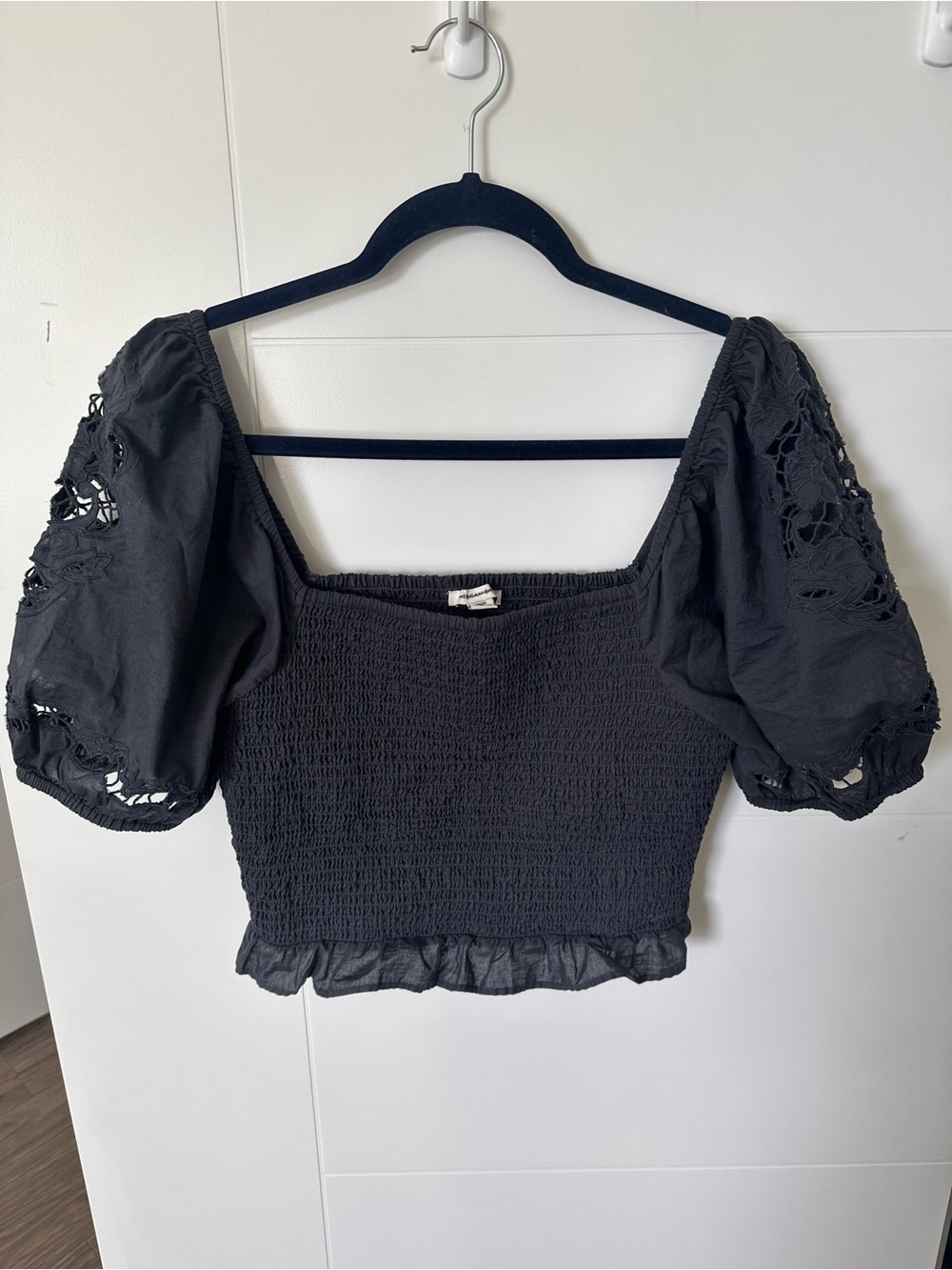 American Eagle Black Smocked Eyelet Floral Bell Sleeve Top